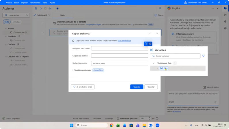 Acción de Copiararchivos de Power Automate cargando una variable