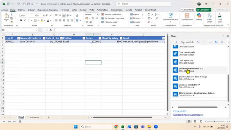 Acción de enviar correo electrónico