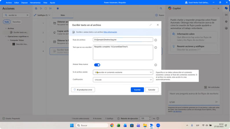 Acción de Escribir texto de Power Automate