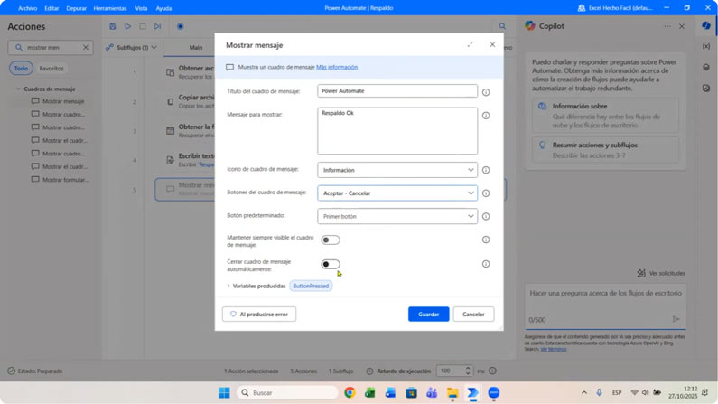 Acción de Mostrar mensaje de Power Automate
