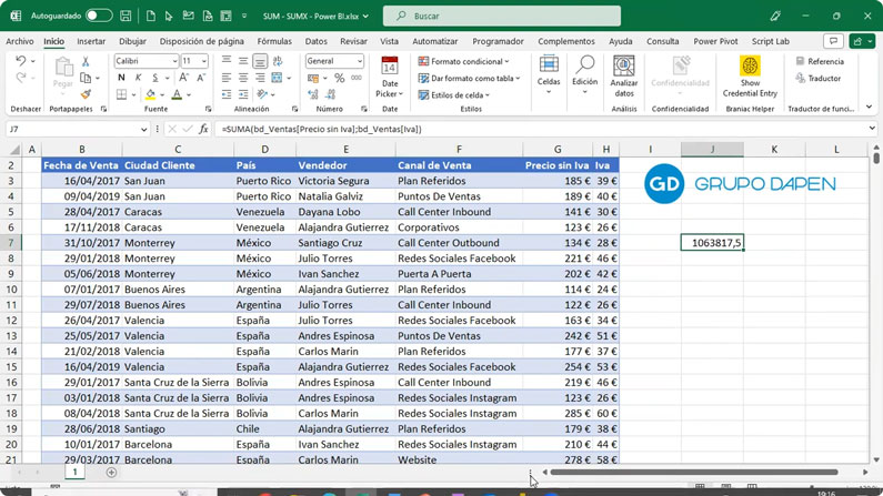 Comprobar resultado SUMX en Excel