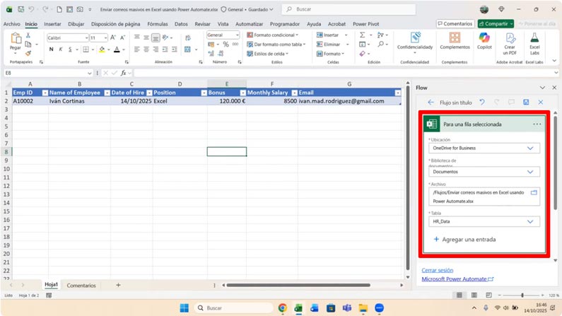 Excel cargado en flujo