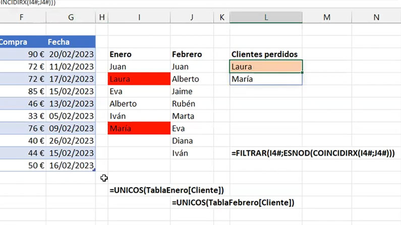 Función para filtrar los clientes perdidos en Excel