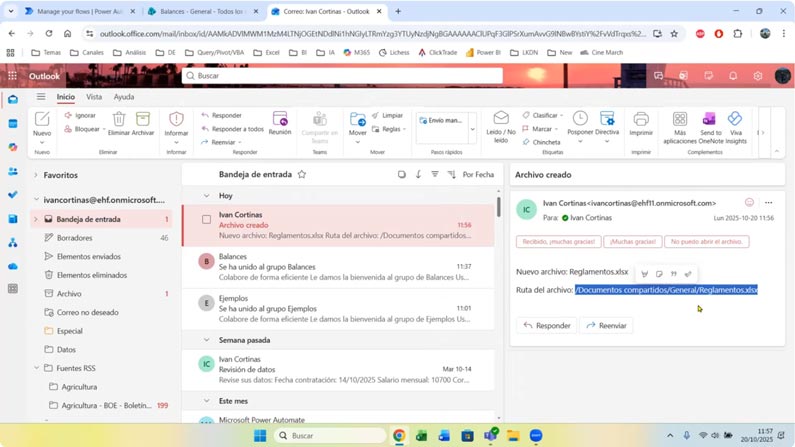 Outlook muestra el archivo recibido