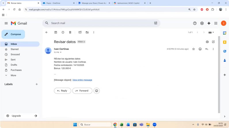Resultado del envío del correo mediante el flujo