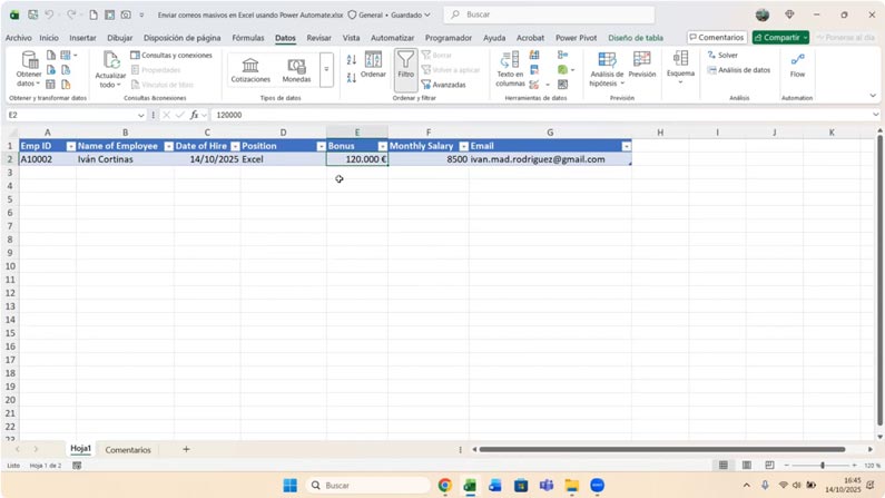 Tabla de Excel para enviar correos masivos