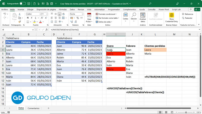 Tablas de clientes únicos en Excel