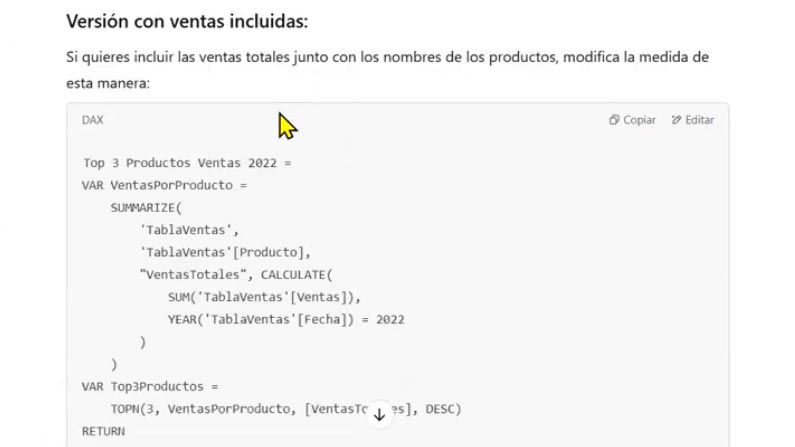 Versión ventas incluidas de ChatGPT medida de Power BI